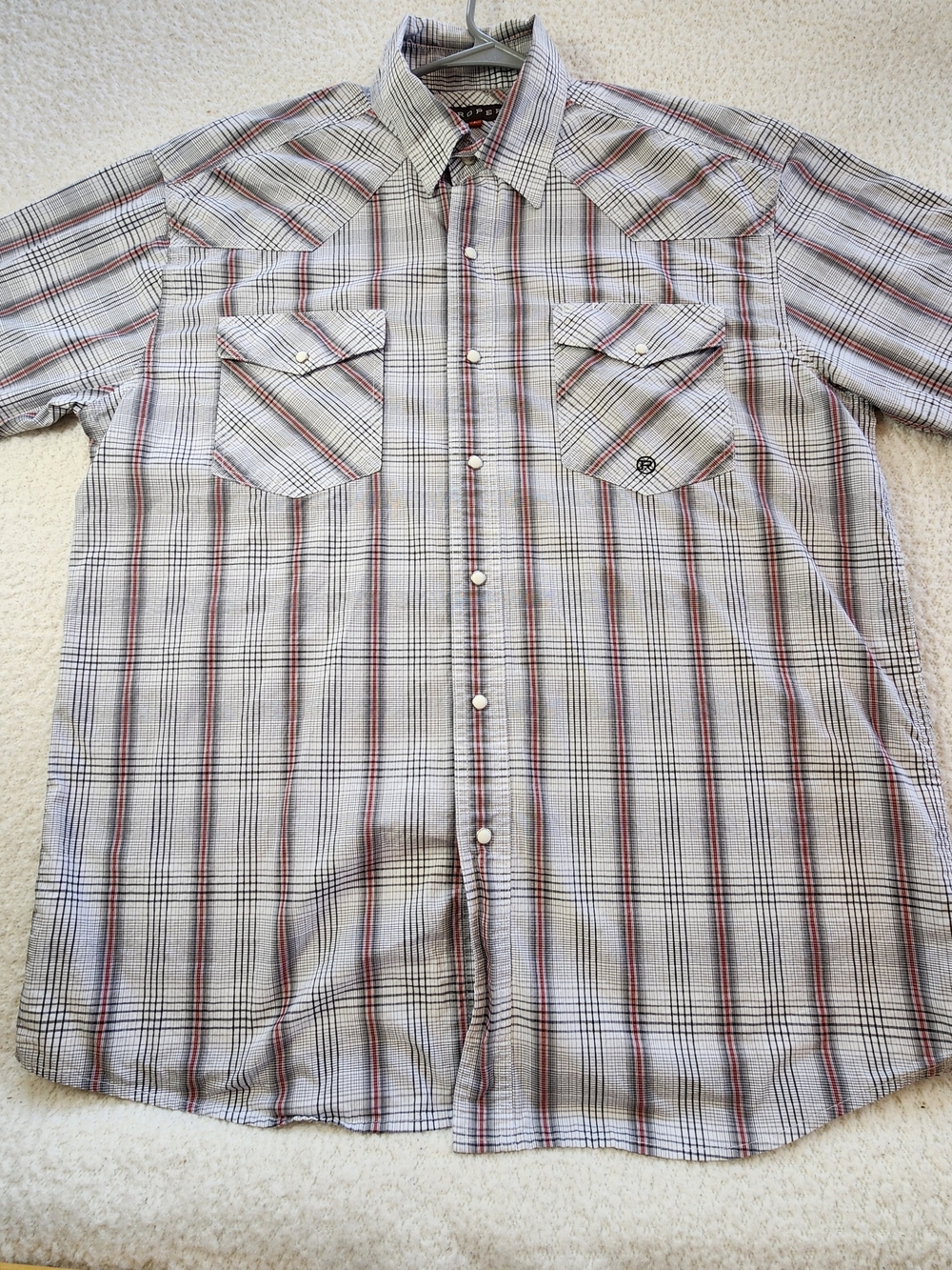 Roper Men's Size L Short Sleeve Western Plaid Shirt Gray Black Red Pearl Snap